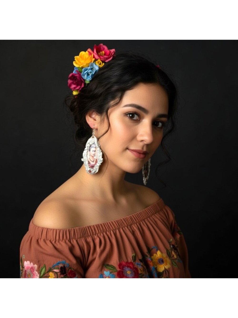 Echoes of Frida: Handcrafted Portrait Drop Earrings w/ Hessonite & Black Garnet - Picture 4 of 16